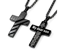 Heran Cross Necklace for Son, Engraved Stainless Steel Cross Pendant, Encouraging Keepsake Gift for Son from Mom and Dad, 24 Inch Chain, Stainless Steel, No Gemstone