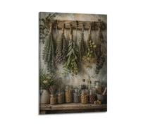 Herb Drying Rack Canvas Wall Art, Rustic Kitchen Botanical Poster 12x18inch