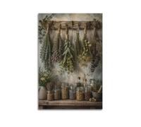 Herb Drying Rack Canvas Wall Art, Rustic Kitchen Botanical Poster 12x18inch