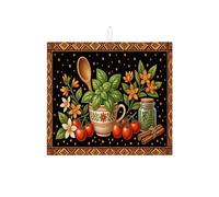 Herb Garden Dish Drying Mats for Kitchen Counter, Black Floral Absorbent Dish Drainer Rack Mat, Rustic Microfiber Drying Pad for Coffee Bar Protector 16x18 Inch