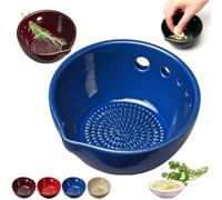 Herb Stripper Bowl, Handmade Ceramic Herb Stripper Tool, 2-in-1 Garlic Grater & Herb Bowl with 5 Hole Sizes, Efficient Peeling Kitchen Tools Supplies for Peeling Off The Leafy Assembly (Blue)