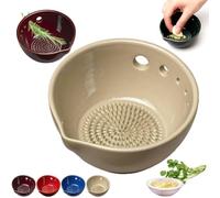 Herb Stripper Bowl, Handmade Ceramic Herb Stripper Tool, 2-in-1 Garlic Grater & Herb Bowl with 5 Hole Sizes, Efficient Peeling Kitchen Tools Supplies for Peeling Off The Leafy Assembly (Beige)
