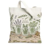 Herbal Canvas Tote Bag for Women, Botanical Natural Lavender Rosemary Spring Green Washable Reusable Everyday Tote Bags for Shopping Brunch Park Library Day Trips 13x15 Inch