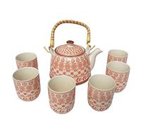 Herbal Tea Pot Set with Strainer in The lid and six Matching Cups in a Gift Box (Amber)