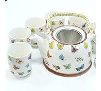 Herbal Tea Pot Set with Strainer in The lid and six Matching Cups in a Gift Box (Butterflies)