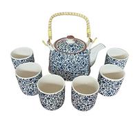 Herbal TeaPot Set Blue Pattern.Built in Strainer & 6 Matching Cups