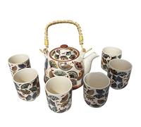 Herbal Teapot Set - Chinese Fans.Metal Strainer 6 Matching Cups