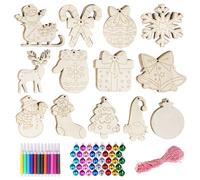 Herbbree 52pcs Wooden Christmas Decorations Set - 13 Shapes Wooden Baubles with Holes, Unfinished Wood Slices for Kids DIY Crafts Christmas Hanging Ornament, Holiday Decor