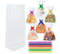 Herbbree 60PCS Cellophane Bags, (8"X12"/21X30CM) Clear Cellophane Sweet Bags with Bows,Food Safe Plastic Treat Bag Flat Bottom Gift Bag for Cookie/Mugs/Home/Party