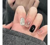 HERBENJOY 24pcs Short Square False French Tip False Nails Stick on Nails Glitter Press on Nails Removable Glue (01)