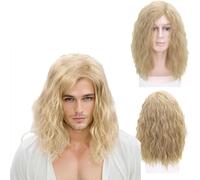 HERBENJOY Mens Blonde Wig Mid Length Curly Hair, 16''/40 cm Pop Rocking Dude Wigs for Men, Handsome Fluffy Soft Hair Daily Male Wig Cosplay Wigs for 70s 80s Fancy Dress Costume Party (Blonde)