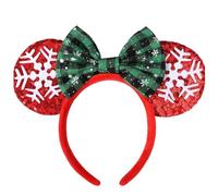 HERBINSOLS Christmas Mouse Ears Headband - Xmas Glitter Bow Sequin Headband - Snowflake Hair Hoop for Women Girls Kids Party Park Holiday Hair Accessories Red Green