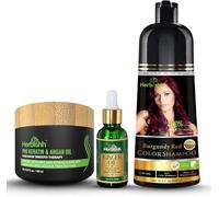Herbishh Burgundy Hair Dye Shampoo 3 In 1- Color Shampoo For Gray Hair Coverage 500 ML, Argan Oil & Pro Keratin Deep Conditioning Hair Mask 150gm and Ginger Essential Oil Serum For Hair Growth 30ml