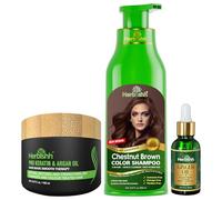 Herbishh Chestnut Brown Hair Dye Shampoo 3 In 1, Color Shampoo For Gray Hair Coverage 500 ML Argan Oil & Pro Keratin Deep Conditioning Hair Mask 150gm & Ginger Essential Oil Serum For Hair Growth 30ml
