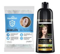 Herbishh Dark Brown 3 in 1 Hair Dye Shampoo 16.9 Fl Oz and Hair Dye Stain Protection for Ears 100 pcs Combo, Champu Para Canas Mujer - Color Shampoo for Gray Hair & Waterproof Plastic Ear Shower Caps