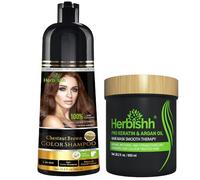 Herbishh Hair Color Shampoo & Argan Hair Mask Combo - Chestnut Brown 500ml + 800gm - 3-in-1 Ammonia-Free Dye & Deep Conditioner for Dry, Weak Hair - No Sulphates or Parabens