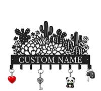 Herbraa Personalized Key Holder for Wall, Custom Metal Cactus Cabin Key Hooks with Name, Key Hanger Decor for Home Office Entryway, Cactus Lover Gift with Family Monogram (Style-4)