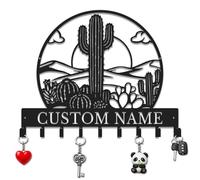 Herbraa Personalized Key Holder for Wall, Custom Metal Cactus Cabin Key Hooks with Name, Key Hanger Decor for Home Office Entryway, Cactus Lover Gift with Family Monogram (Style-3)
