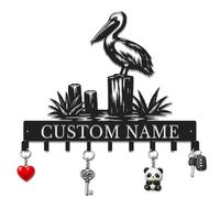 Herbraa Personalized Pelican Beach House Sign with Hooks & Key Rack | Custom Coastal Name Plaque for Dock, Porch & Over The Door Hooks Towel Rack Decor (Style-3)