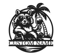 Herbraa Personalized Raccoon Metal Wall Art with Custom Name, Rustic Woodland Animal Decor for Cabin, Nursery, or Garden Patio (Style-11)