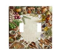 Herbs Kitchen Double Light Switch Cover Plate, Rustic Natural Spices Bottles Harvest Green Plastic Standard Size Switch Plate Decorative for Home Living Room Bedroom Bathroom Decor