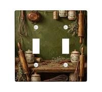 Herbs Kitchen Double Light Switch Cover Plate, Rustic Vintage Whisk Rolling Pin Harvest Green Plastic Standard Size Decorative Wall Plates for Living Room Bedroom Home Office Decor