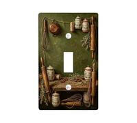 Herbs Kitchen Single Light Switch Cover Plate, Rustic Vintage Whisk Rolling Pin Harvest Green Plastic Standard Size Switch Plate Decorative for Home Living Room New Apartment Decor (Single)