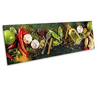 Herbs Spices Modern Kitchen Multi-Coloured CANVAS WALL ART Panoramic Framed Print Picture - 48 inch x 16 inch (20mm deep frame)