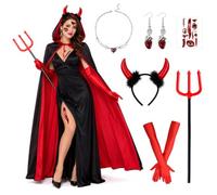 Herbst Devil Costume Women's Set, Double-Sided Cape with Hood 175 cm / Trident / Headband / Gloves / Necklace Crystal, Devil Costumes Men for Vampire Witch Halloween Carnival Cosplay Masquerade Ball