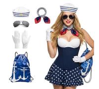 Herbst Sailor Costume Set, Sailor Hat Scarf White Gloves Sunglasses Blue Backpack Sailor Costume Women Men for Carnival Cosplay Theme Party Halloween Pack of 5