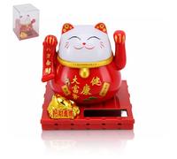 HERCHR 2pcs Solar Powered Cute Waving Cat, Small Solar Waving Cat, Japanese Maneki Neko, Cute Red Beckoning Cat, Solar Fortune Cat Statue Decorations Fengshui Lucky Cat Swinging Arm for Home Display
