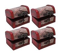 HERCHR 4Pcs Wooden Chest with Lid Treasure Chest 3.15x2.36x2.36in Small Vintage Pirate Antique Design Decorative Trinket Box Keepsakes Metal Lock Jewelry Treasure Box for Home Decoration