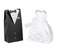 HERCHR 50 Pairs Black White Paper Gift Boxes for Wedding, Birthday, Christmas, Special Occasions; Bride & Groom Sizes: 9.3 x 6.5 x 3.8 cm & 10 x 5 x 3 cm; DIY Wedding Favor Boxes with Ribbons