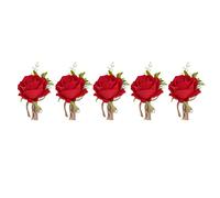 HERCHR 5PCS Wedding Boutonniere Pin Wrist Corsage, Rose Boutonniere for Men Wedding with Pins for Wedding Ceremony Anniversary, Dinner Party, Prom Flowers(red)