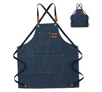 HERCHR Canvas Cotton Cross Back Chef Aprons, Cooking Baking Artist Painting Work Aprons with Large Pockets for Shop, Garden, Restaurant, Bartender, Barista(Blue)