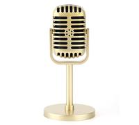 HERCHR Classic Prop Microphone, 2 Pack Retro Microphone Props Model with Stand for Party Role Play Stage Table Decorations (Gold)