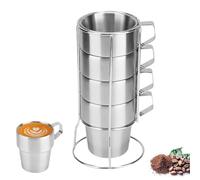 HERCHR Espresso Cups with Stand Rack,300ml Stackable Cappuccino Cups Stainless Steel Tea Coffee Mugs with Metal Stand for Cold Drinks or Hot Drink