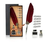 HERCHR Feather Pen, Vintage Feather Fountain Writing Calligraphy Ink Quill Dip Pen Home Decor with Tips and Box for Hand Lettering Authors Writers (Red)