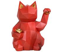 HERCHR Geometric Lucky Cat, Sitting Red Cat Statue Welcoming Cat Feng Shui Deoration Fortune Cat Figurine Sculpture for Home Office Table Shelf(Red)