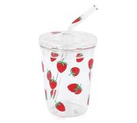 HERCHR Glass Milk Cup Drinking Cup with Lid and Straw 300ml 10.5Oz Cute Strawberry Patterns Engaged Tumbler Transparent Drinking Mug Tumbler for Cold Drink Coffee Cocktail Whiskey