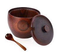 HERCHR Solid Wooden Salt Box, Salt Pot with Lid and Spoon, Spice Seasoning Box Sugar Bowl Pepper Seasoning Container Holder Keeper Kitchen Tool for Sugar, Salt, Sauce, Vinegar, 3.2 * 3.5in