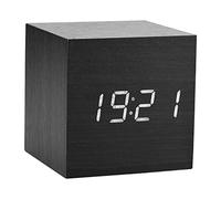 HERCHR Wooden Alarm Clock, Electronic LED Digital Clock Voice Control Temperature Brightness for Home Office Bedroom 6x6x6cm (Black wood + white light)