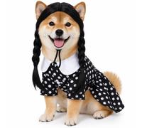 Hercicy 2 pcs Halloween Puppy Costumes Black Polka Dot Harness Dress Long Black Braids Wig Cute pet Costume Dress for Puppy Dogs Cats Cosplay Halloween Birthday Party (XL)