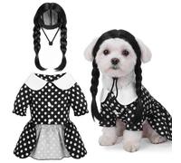 Hercicy 2 pcs Halloween Puppy Costumes Black Polka Dot Harness Dress Long Black Braids Wig Cute pet Costume Dress for Puppy Dogs Cats Cosplay Halloween Birthday Party (S)