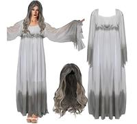 Hercicy 2 Pcs Women Ghost Bride Costume Long Wavy Curly Wigs Zombie Beauty Cosplay Gothic Evil Dead Bride Dress for Halloween (Large)