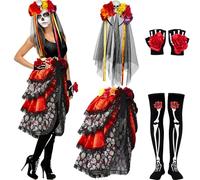 Hercicy 4 Pcs Halloween Day of the Dead Costumes for Women Include Tie on Bustle Flower Headband Rose Flower Costume Headpiece Fingerless Skeleton Gloves and Skeleton Thigh High Socks (L)