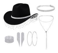 Hercicy 7 Pcs Glitter Cowgirl Hat Rhinestone Jewelry Set, Women Cowboy Costume Outfit for Bride Bachelorette Halloween Party, Black, One Size