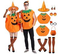 Hercicy 9 Pcs Halloween Adult Pumpkin Costume Set, Jack O Lantern Outfit with 2 Pumpkin Tunics, Hat, Glasses, Earrings, Tights, Gloves Candy Bag