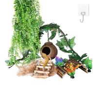HERCOCCI Crested Gecko Tank Accessories, Reptile Hanging Plants Vines with Coconut Shell Ladder Hideout Hermit Crab Decor for Lizard, Chameleon Cage, Snakes, Hermit Crab, Leopard Gecko
