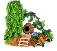 HERCOCCI Crested Gecko Tank Accessories, Reptile Hanging Plants Vines with Natural Coconut Shell Hideout & Climbing Ladder Decor for Hermit Crab Lizard Leopard Gecko Bearded Dragon Chameleon Snake